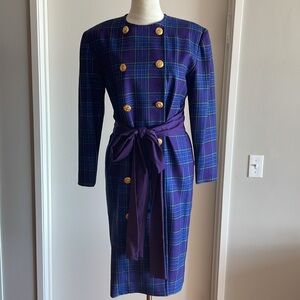 Vintage CELINE Retro 80’s Wool Plaid Pea Coat with Belt